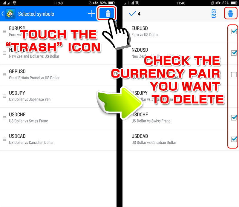 how to delete currency pairs on MT4 smartphone