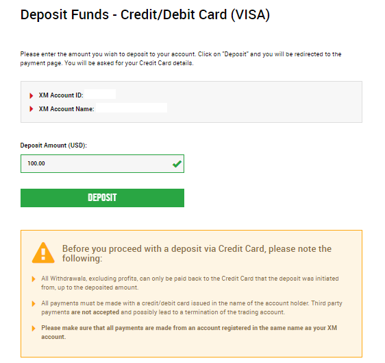 deposit to XM Group by credit card/debit card (visa)