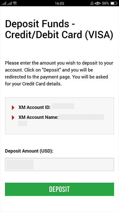 deposit funds to xm using credit card/debit card (visa)