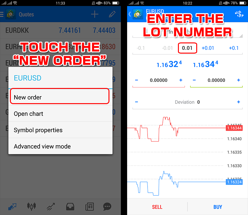 Place a market order on MT4 on smartphones